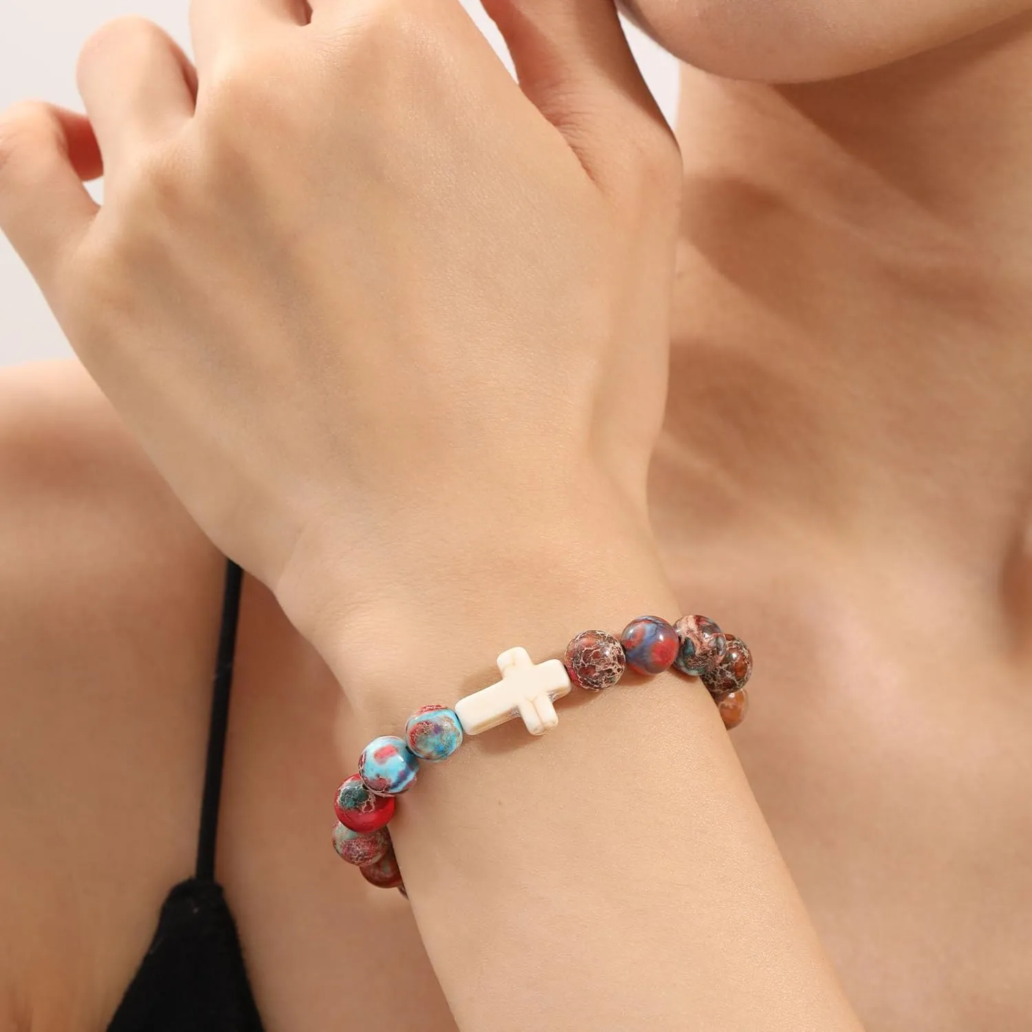 Christian Gifts for Women Cross Bracelets Imperial Nature Stone Bead Bracelet Confirmation Baptism Gifts for Teen Girls Easter Basket Stuffers for Teens Christmas Religious Jewelry
