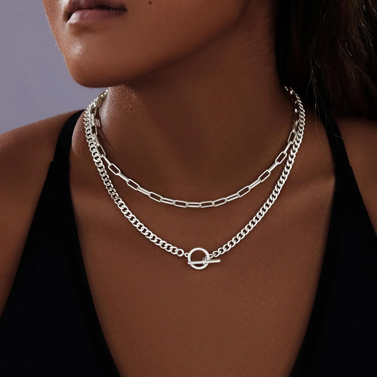 Chunky Gold Necklaces for Women Layered 14k Gold Silver Plated Heart Pearl Pendant Choker Necklace Trendy Dainty Stacked Paperclip Cuban Chain Simple Jewelry Valentine's Day Gifts Set