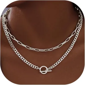 Chunky Gold Necklaces for Women Layered 14k Gold Silver Plated Heart Pearl Pendant Choker Necklace Trendy Dainty Stacked Paperclip Cuban Chain Simple Jewelry Valentine's Day Gifts Set
