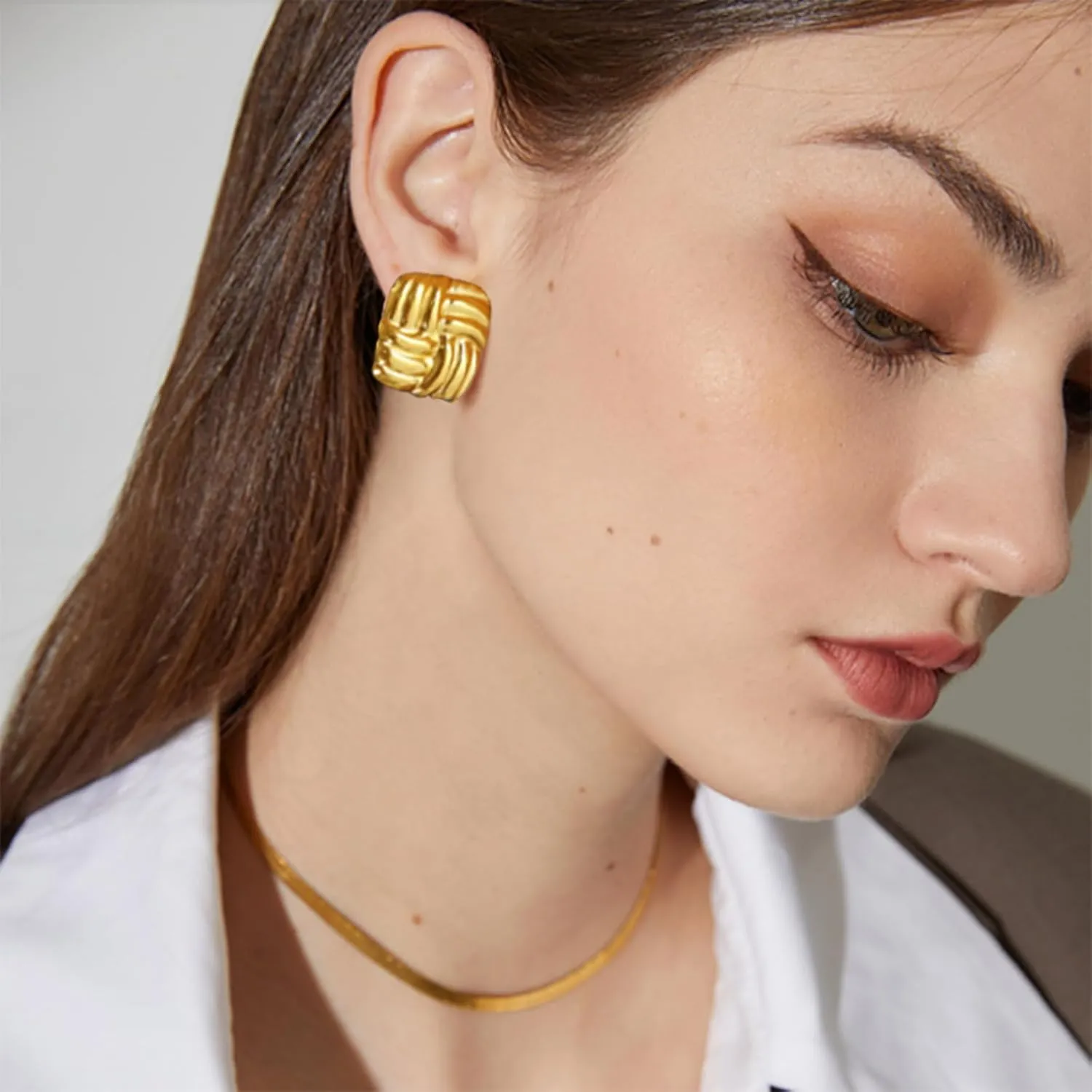 Chunky Gold Rectangle Stud Earrings for Women, Dainty Thick Stud Earrings, Minimalist Geometric Earrings for Women