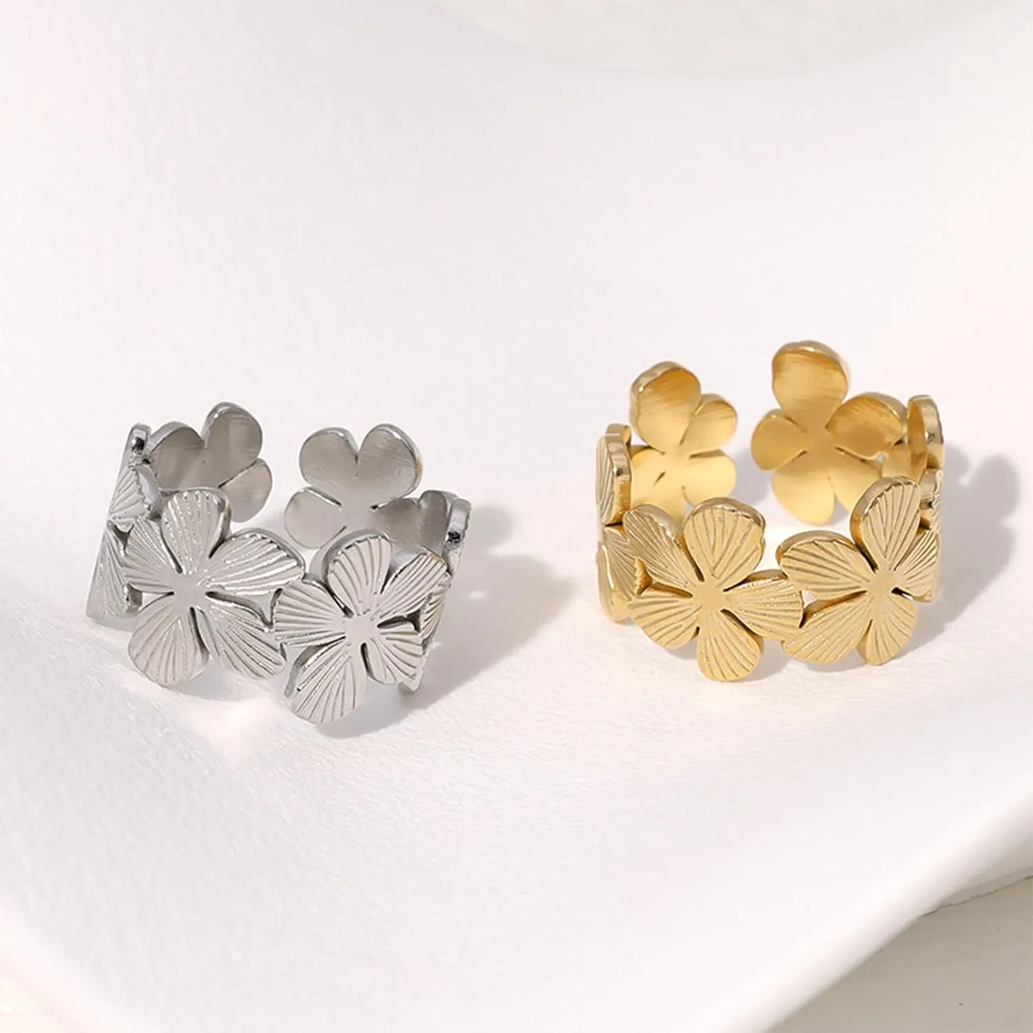 Chunky Gold Rings for Women Adjustable Flower Rings Non Tarnish 14K Gold Statement Rings Flower Jewelry for Women