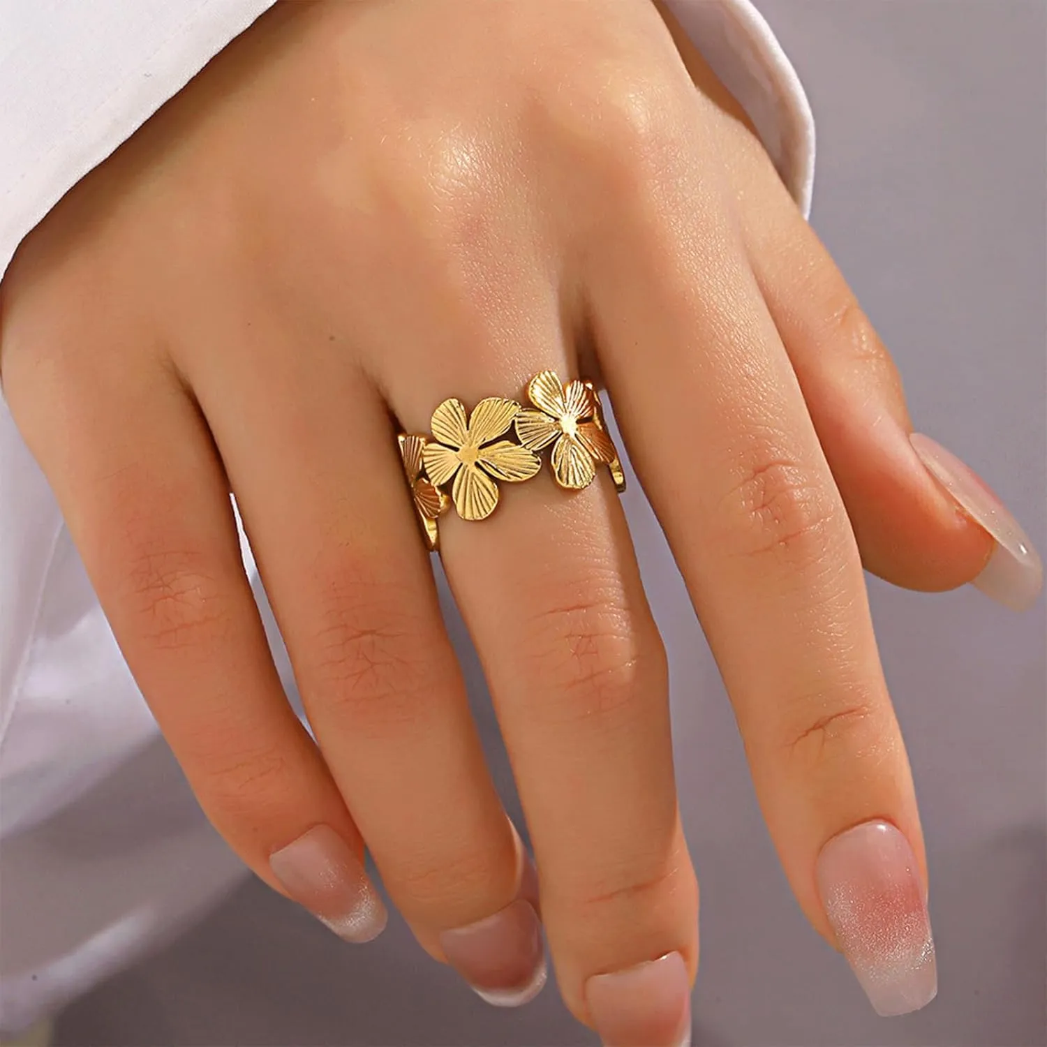 Chunky Gold Rings for Women Adjustable Flower Rings Non Tarnish 14K Gold Statement Rings Flower Jewelry for Women