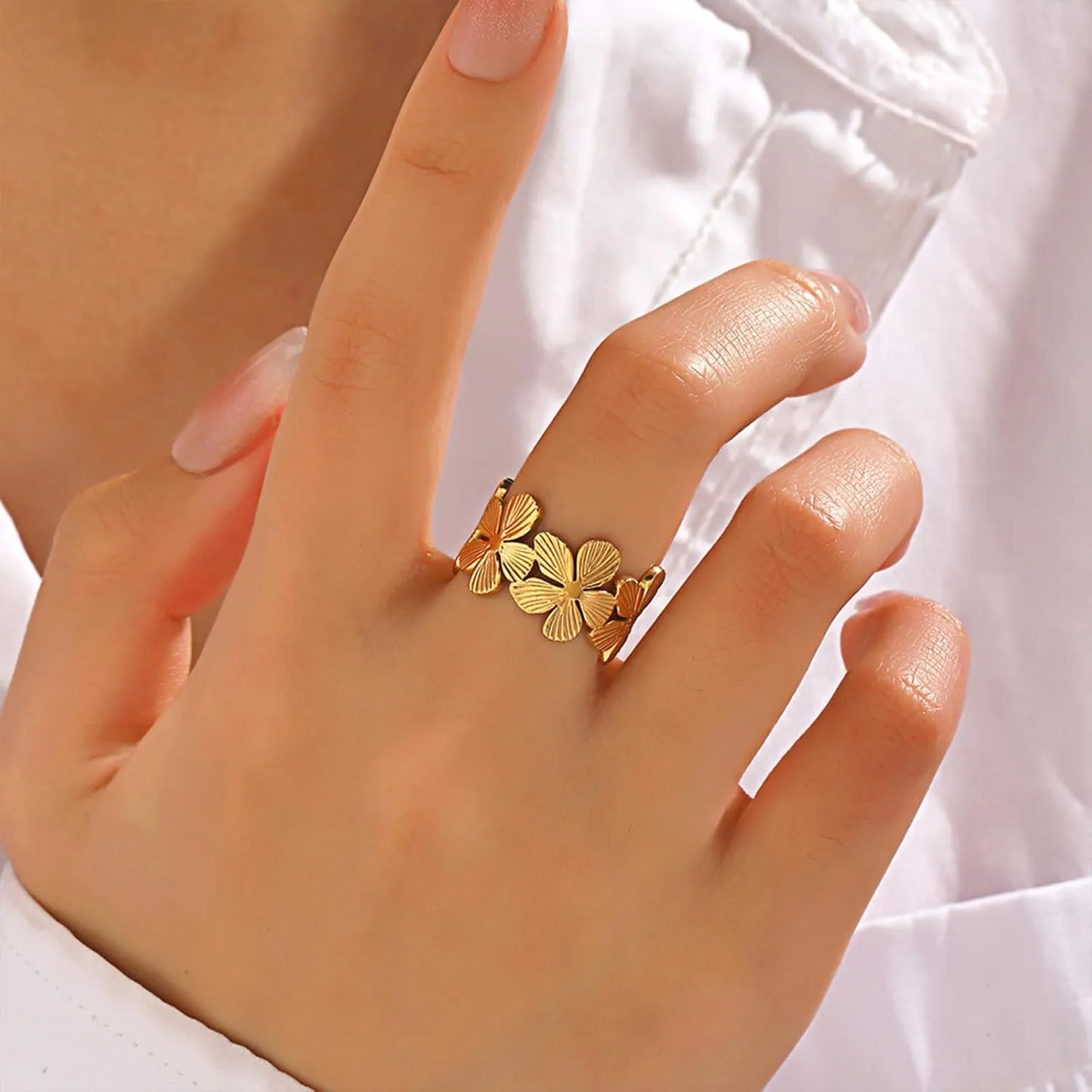 Chunky Gold Rings for Women Adjustable Flower Rings Non Tarnish 14K Gold Statement Rings Flower Jewelry for Women