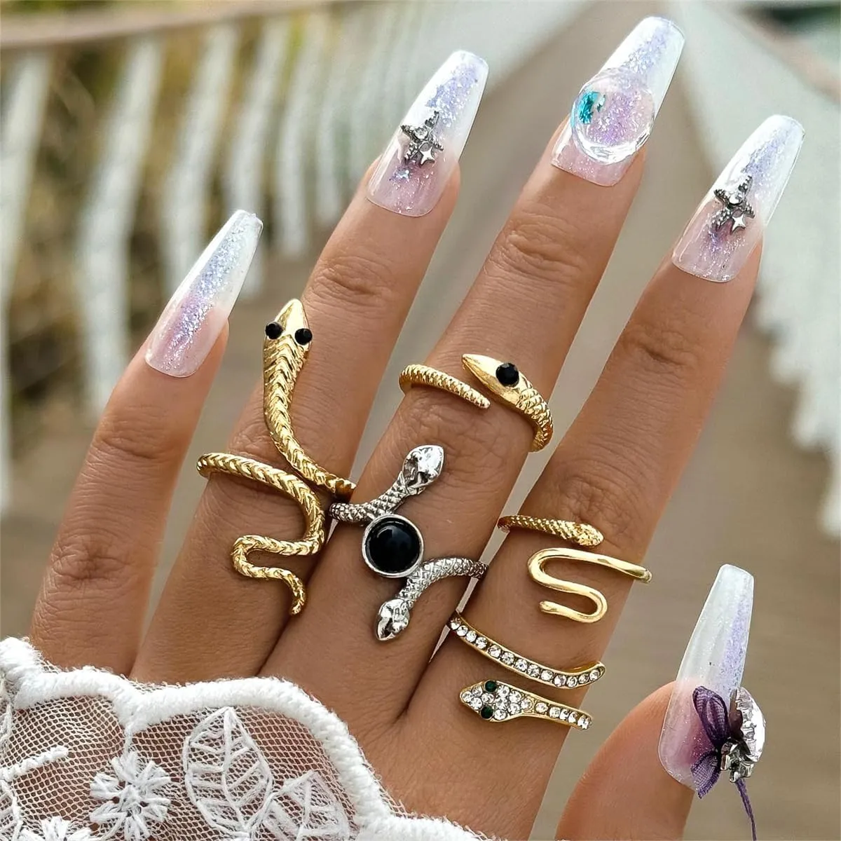 Chunky Gold Snake Rings Set,Vintage Gothic Snake Kunckle Rings Boho Stackable Joint Rings Open Adjustable Finger Rings Statement Ring Set Jewelry for Women