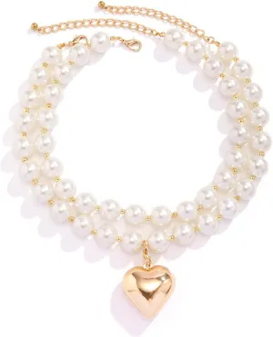Chunky Heart Necklace for Women, Coquette Necklace 18k Gold Heart Shaped Pearl Choker Necklaces Handmade Y2k Multi-Layered Pendant Beaded necklace for Mom Jewelry Gifts
