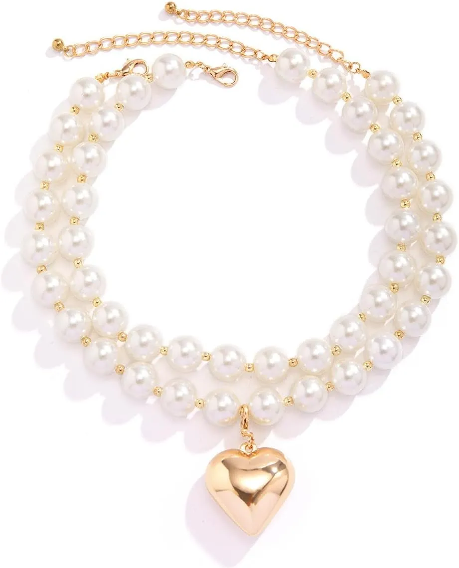 Chunky Heart Necklace for Women, Coquette Necklace 18k Gold Heart Shaped Pearl Choker Necklaces Handmade Y2k Multi-Layered Pendant Beaded necklace for Mom Jewelry Gifts