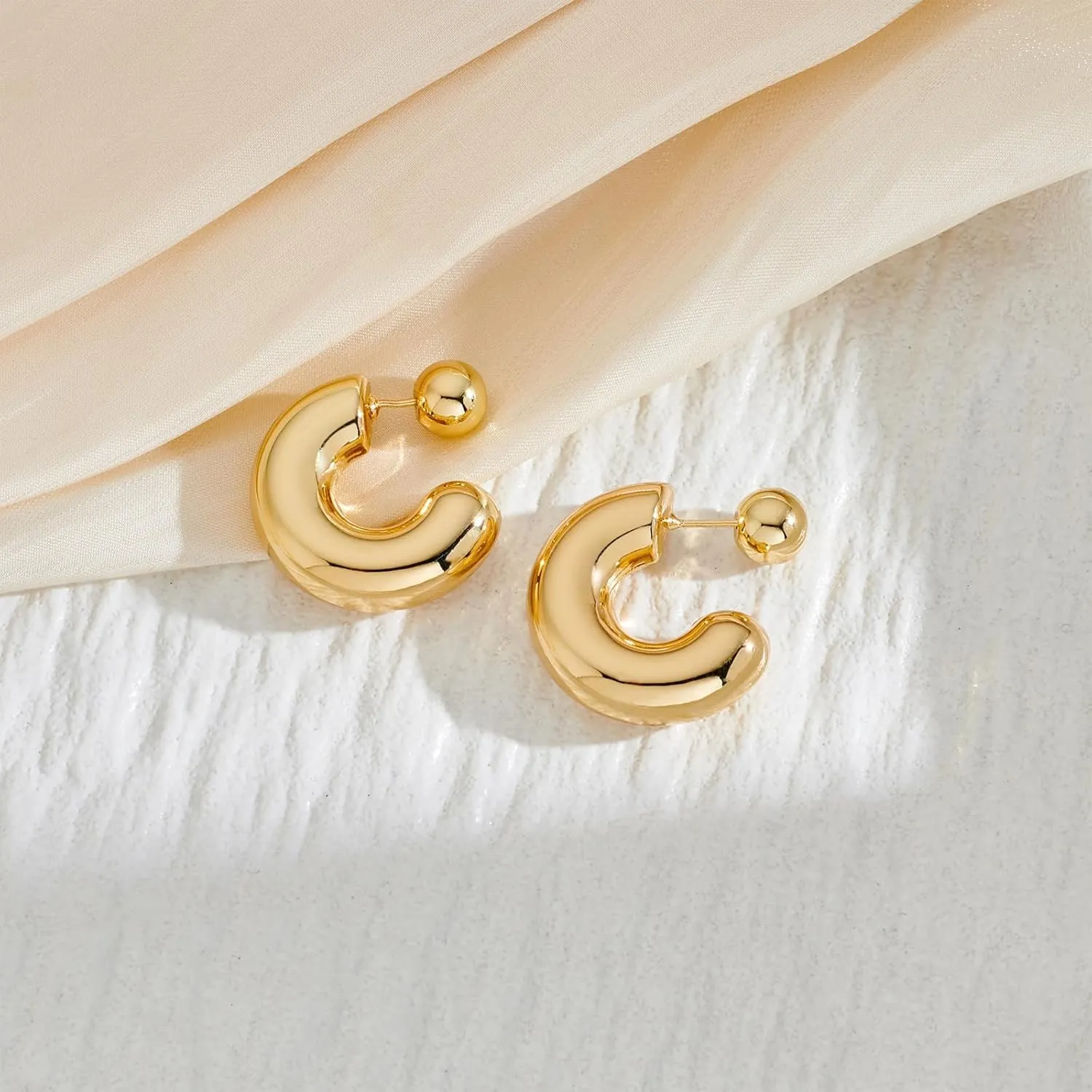 Chunky Thick Teardrop Earrings for Women Gold Hoop Earrings Cut Polished Droplet Earrings