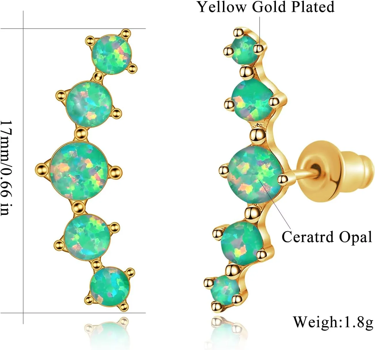 CiNily Opal Ear Crawler Earrings, 14K Gold Plated Cuff Climber Earrings Small Flat Back Stud Earrings Fashion Jewelry Mothers Day Gifts for Women Girls Hypoallergenic, White Gold, Rose Gold