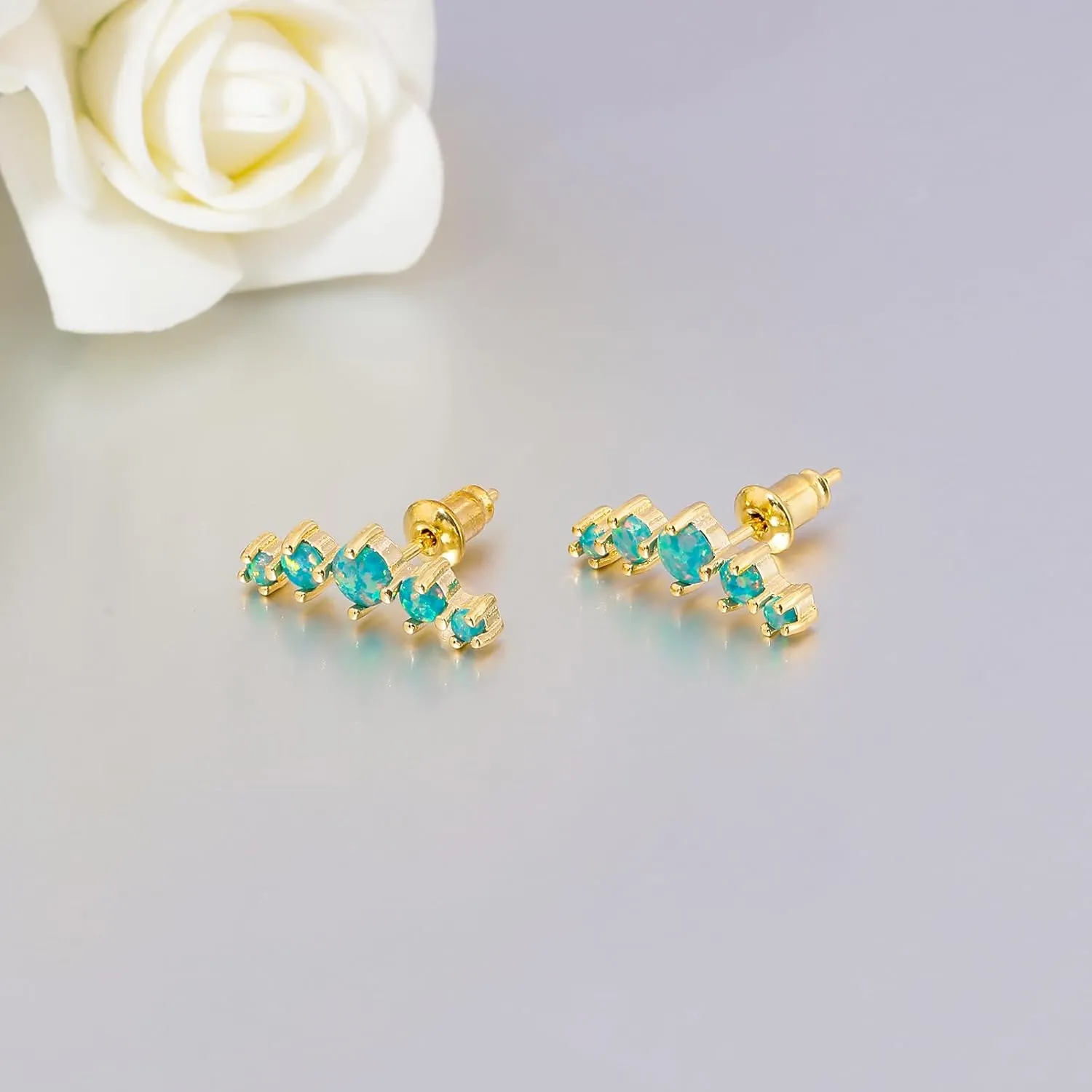 CiNily Opal Ear Crawler Earrings, 14K Gold Plated Cuff Climber Earrings Small Flat Back Stud Earrings Fashion Jewelry Mothers Day Gifts for Women Girls Hypoallergenic, White Gold, Rose Gold