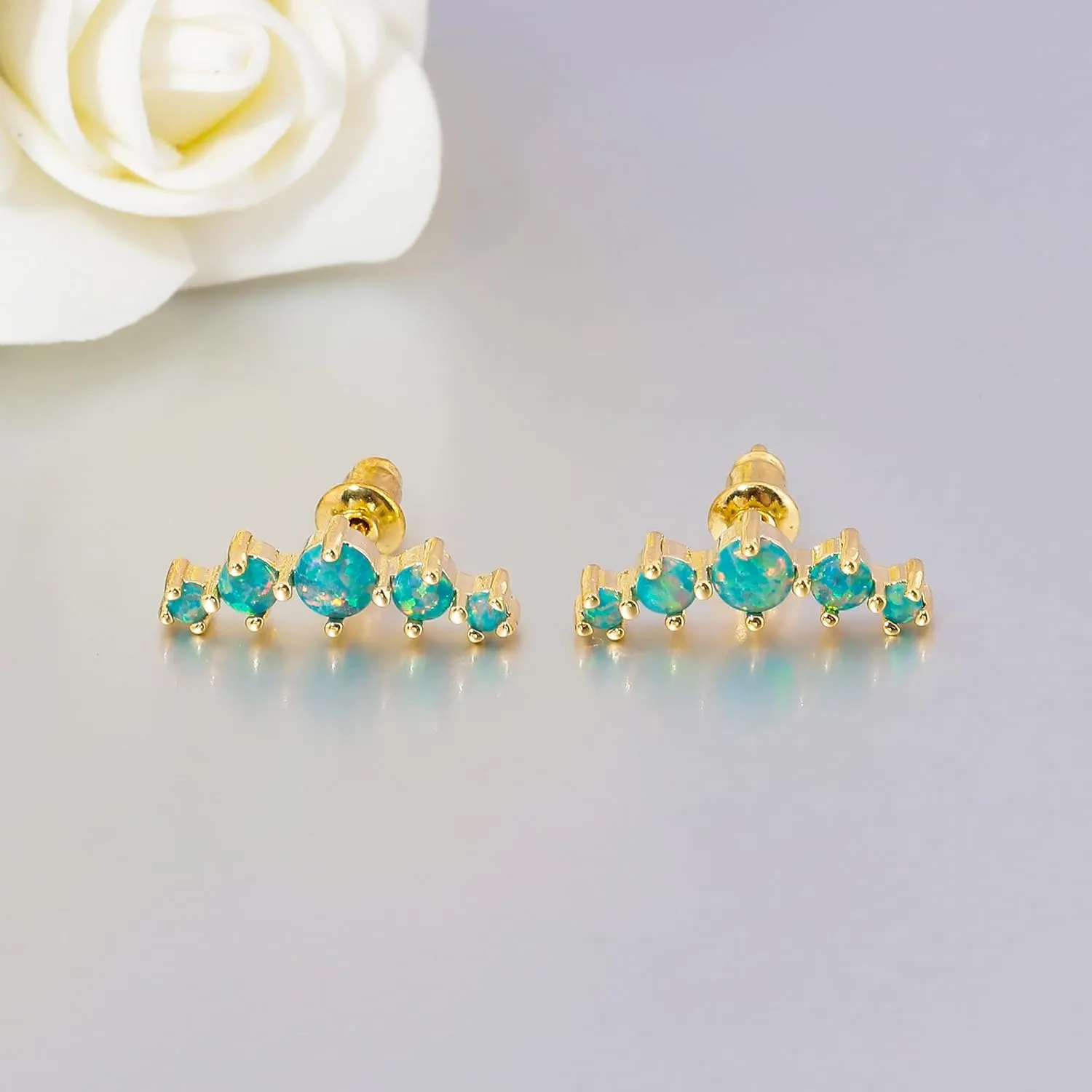 CiNily Opal Ear Crawler Earrings, 14K Gold Plated Cuff Climber Earrings Small Flat Back Stud Earrings Fashion Jewelry Mothers Day Gifts for Women Girls Hypoallergenic, White Gold, Rose Gold