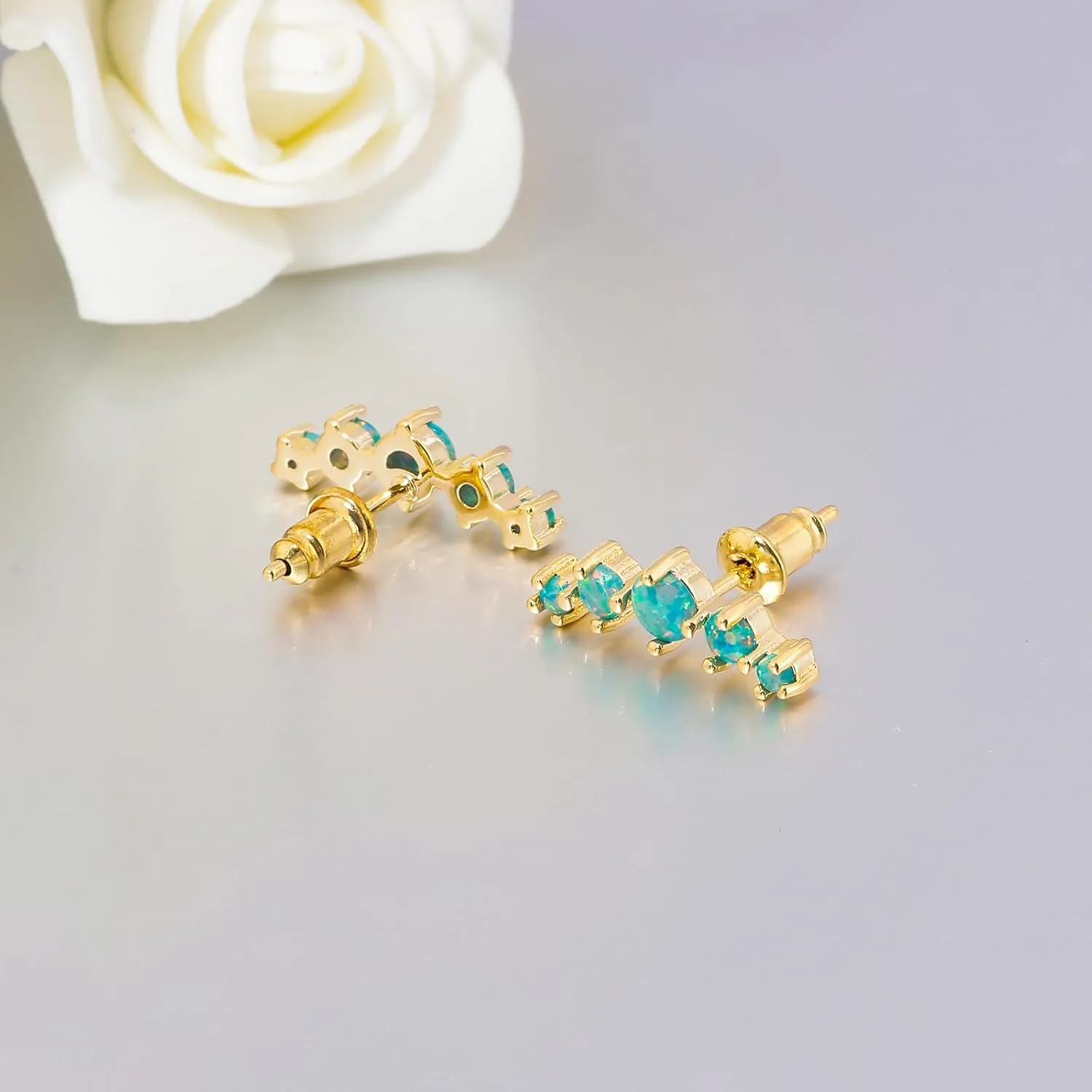 CiNily Opal Ear Crawler Earrings, 14K Gold Plated Cuff Climber Earrings Small Flat Back Stud Earrings Fashion Jewelry Mothers Day Gifts for Women Girls Hypoallergenic, White Gold, Rose Gold