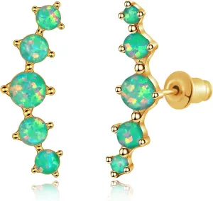 CiNily Opal Ear Crawler Earrings, 14K Gold Plated Cuff Climber Earrings Small Flat Back Stud Earrings Fashion Jewelry Mothers Day Gifts for Women Girls Hypoallergenic, White Gold, Rose Gold