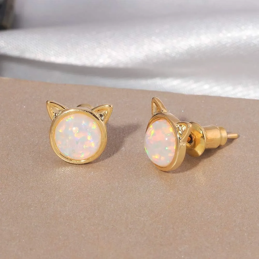 CiNily Opal Stud Earrings,White Gold/Rose Gold Plated Cat Ear/Moon and Star/Dog Bone/Rainbow/Butterfly Small Cute Earrings for Women Girls Hypoallergenic Jewelry Gifts for Sensitive Ears