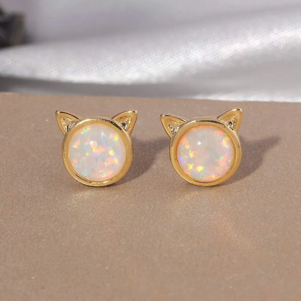 CiNily Opal Stud Earrings,White Gold/Rose Gold Plated Cat Ear/Moon and Star/Dog Bone/Rainbow/Butterfly Small Cute Earrings for Women Girls Hypoallergenic Jewelry Gifts for Sensitive Ears