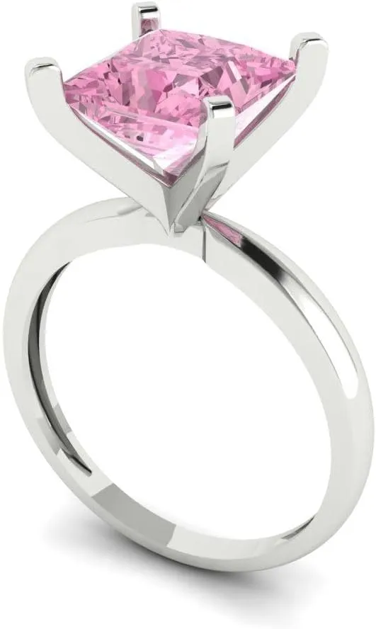 Clara Pucci 3 CTW VVS1 Simulated Pink Diamond Princess Cut Classic Minimalist Solitaire Statement Ring  Fine Jewelry Anniversary Gift for Women in Solid 18K White Gold