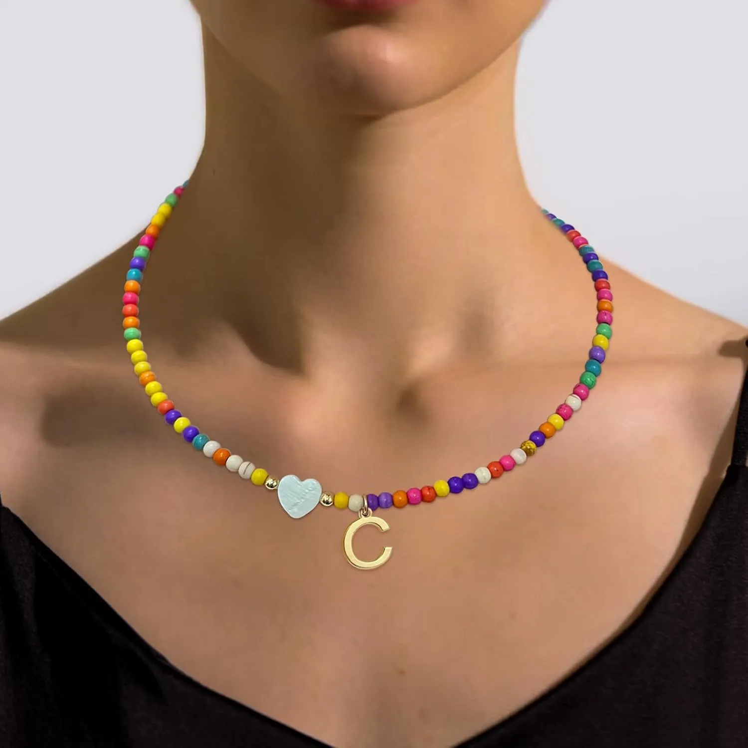 Colorful Beaded Initial Necklaces for Women Girls Gifts, Gold Plated Letter Choker Necklace for Mother's Day Gift from Daughter Son