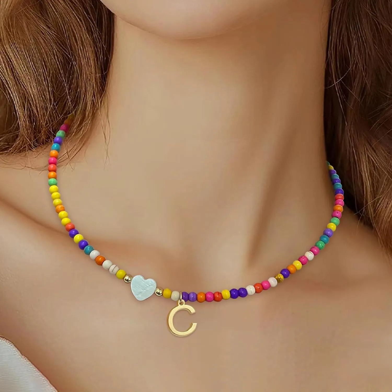 Colorful Beaded Initial Necklaces for Women Girls Gifts, Gold Plated Letter Choker Necklace for Mother's Day Gift from Daughter Son