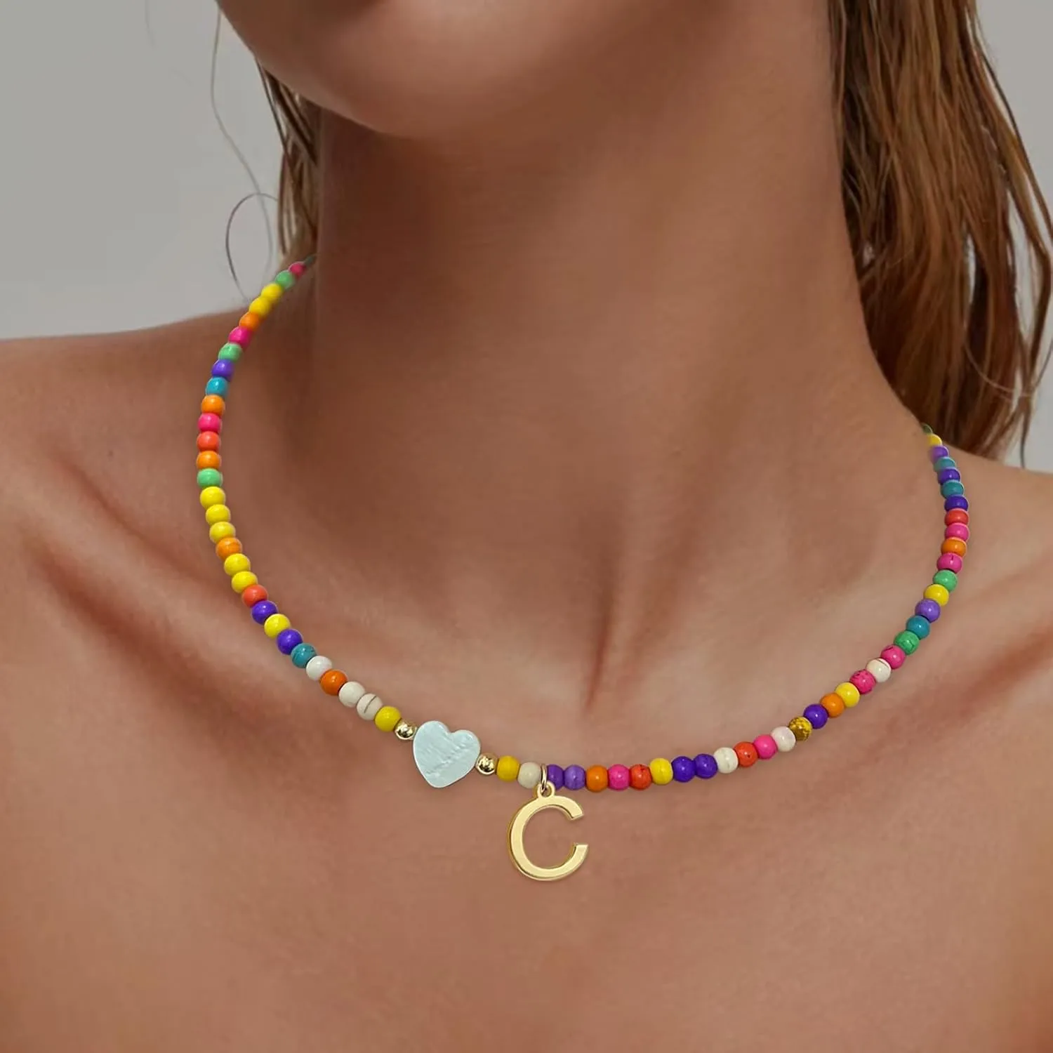 Colorful Beaded Initial Necklaces for Women Girls Gifts, Gold Plated Letter Choker Necklace for Mother's Day Gift from Daughter Son