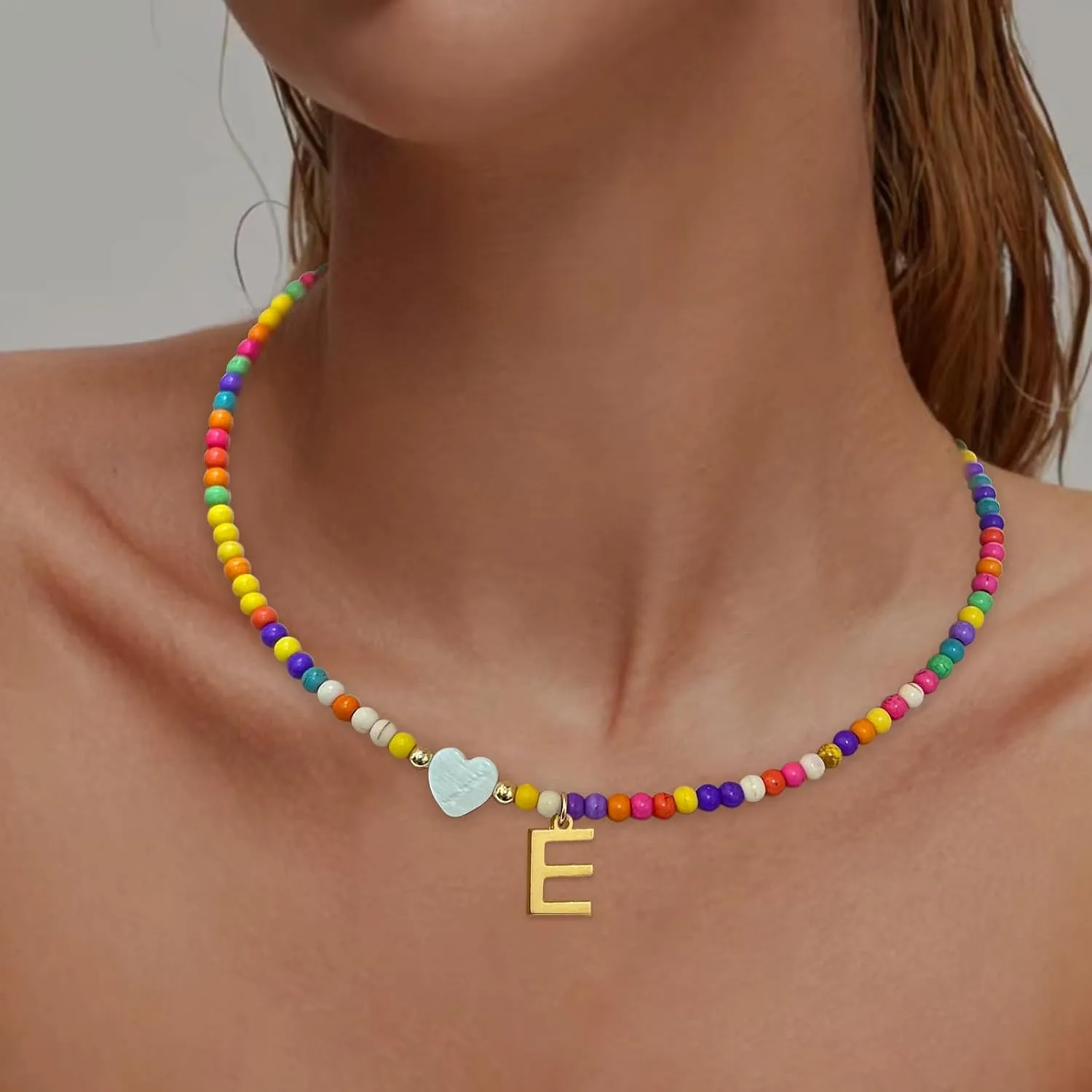 Colorful Beaded Initial Necklaces for Women Girls Gifts, Gold Plated Letter Choker Necklace for Mother's Day Gift from Daughter Son