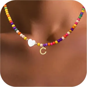 Colorful Beaded Initial Necklaces for Women Girls Gifts, Gold Plated Letter Choker Necklace for Mother's Day Gift from Daughter Son