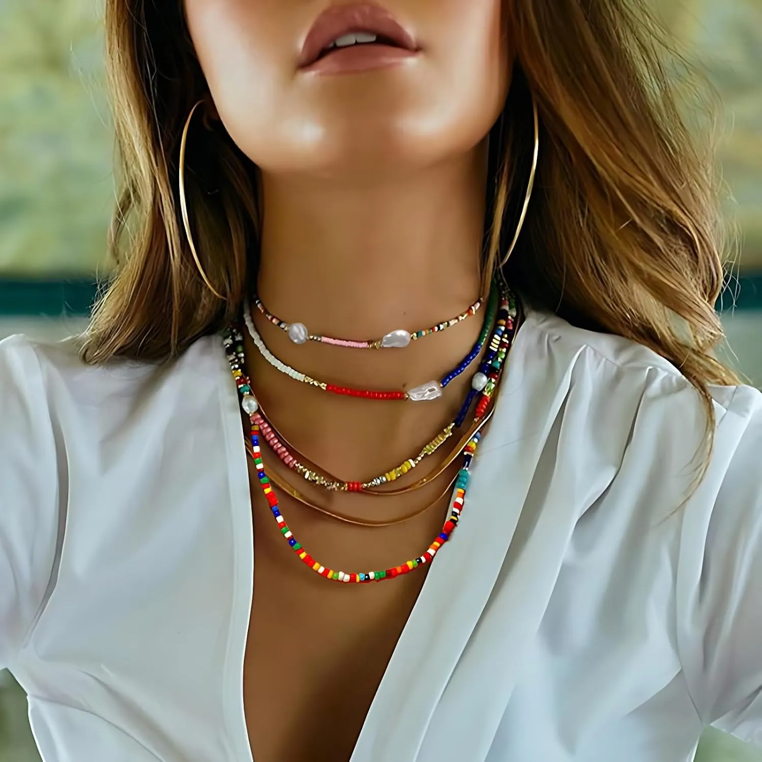 Colorful Beaded Necklace for Women Pearl Choker Necklace Adjustable Beach Shell Necklace Boho Bead Necklaces for Women Jewlery
