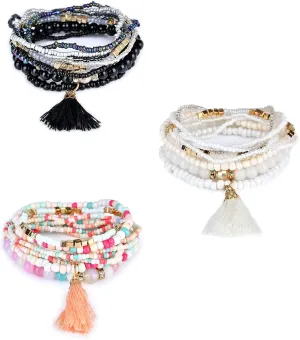 COLORFUL BLING 3 Packs Boehmia Beaded Tassel Stretch Bracelet Layered Multicolor Boho Fringe Stackable Braclet Set Statement Jewlery for Women