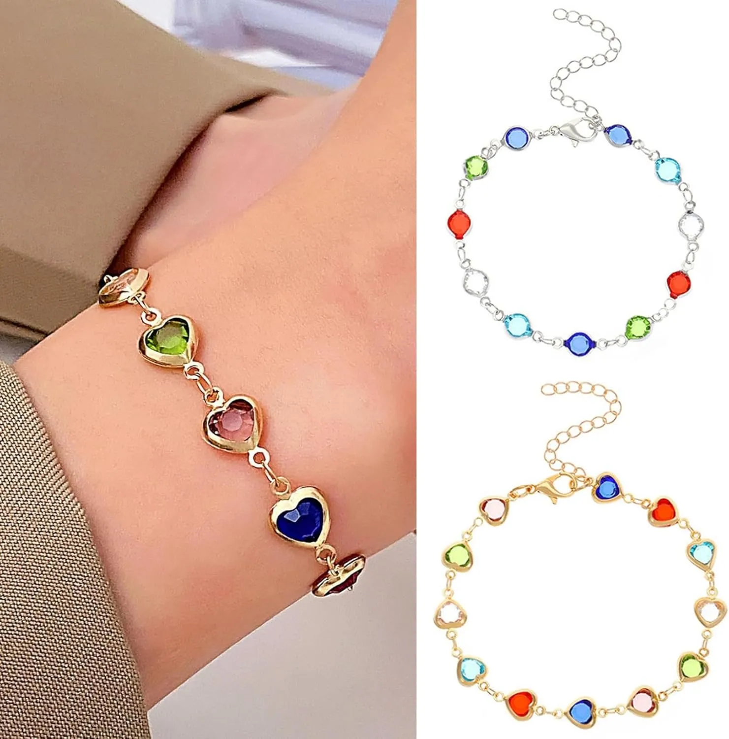 Colorful Heart Bracelets for Women, Cute Dainty Love Heart Charm Friendship Link Bracelet, Fashion Trendy Jewelry Valentine's Day Gift for Her