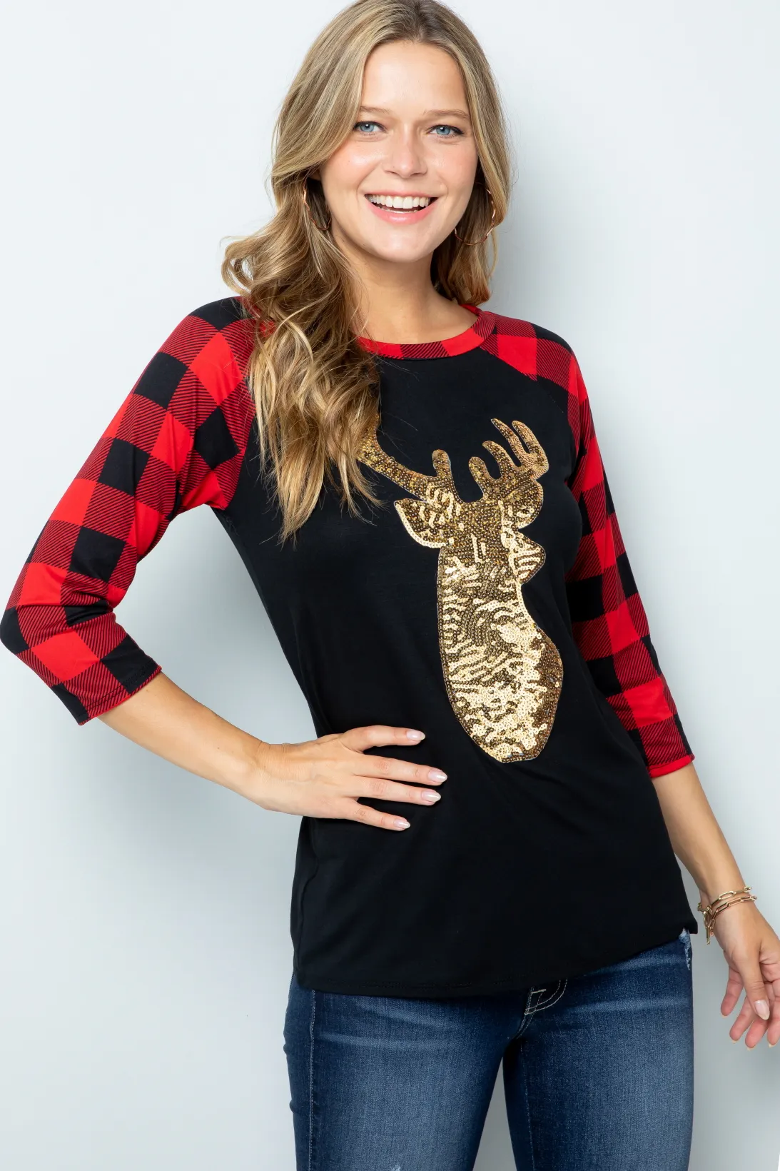 Contrast long sleeve deer patch top