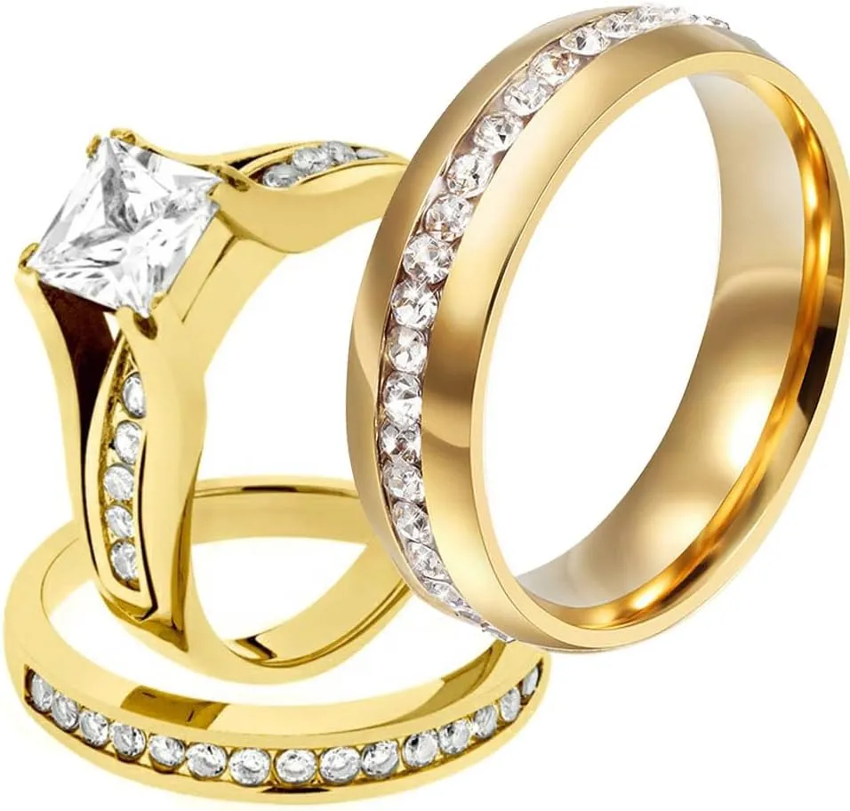 Couple Rings His Her Wedding Ring Sets Matching Rings AAA CZ Golden Rings Titanium Men Ring
