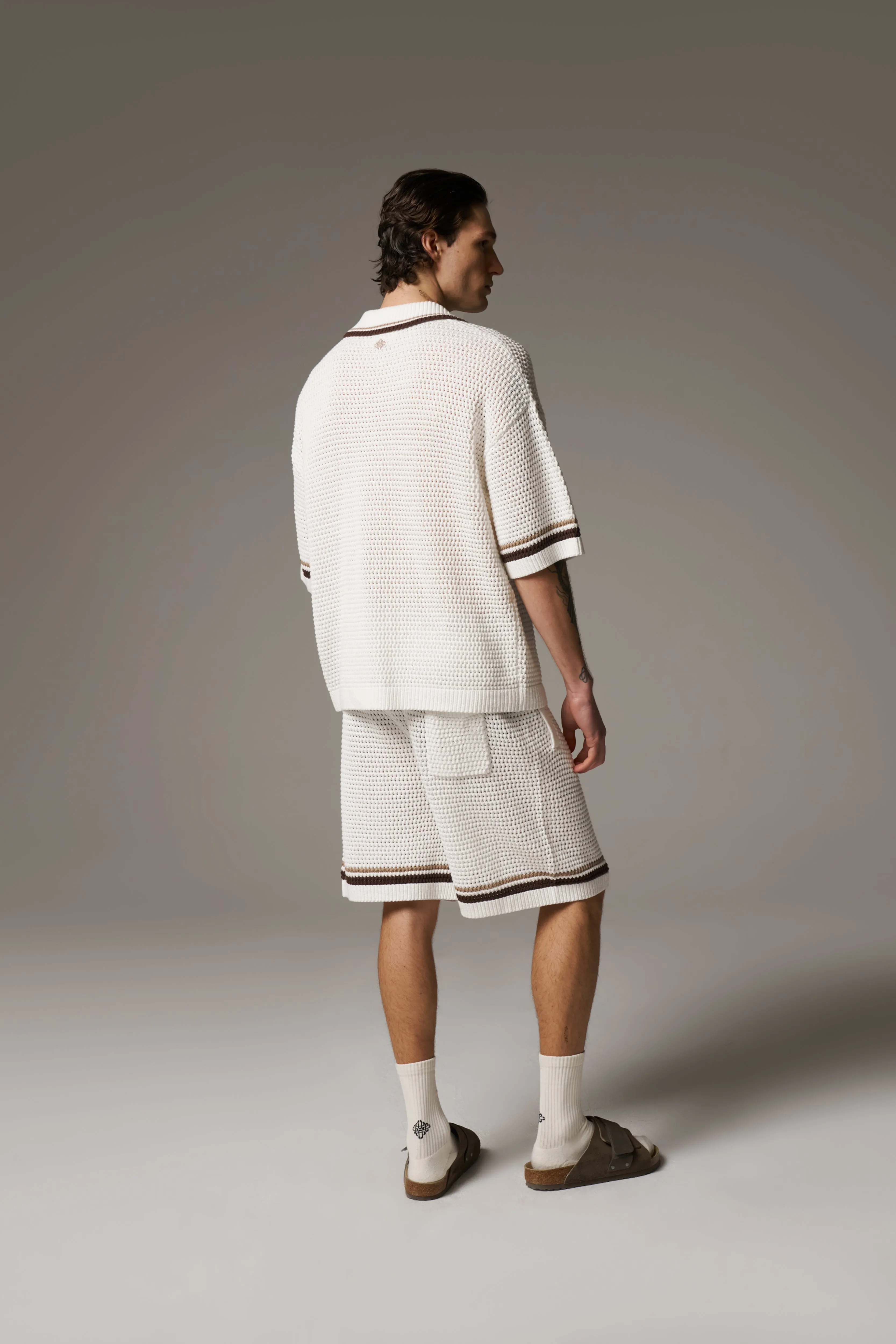 CROCHET KNITTED STRIPE SHIRT - WHITE/BROWN