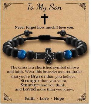 Cross Bracelet for Boys, Blue/Gold/Yellow Tiger Eye Natural Stone Beaded Cross Bracelet Adjustable, Lucky Charm Basketball Easter Gifts for Teens Son Grandson Man