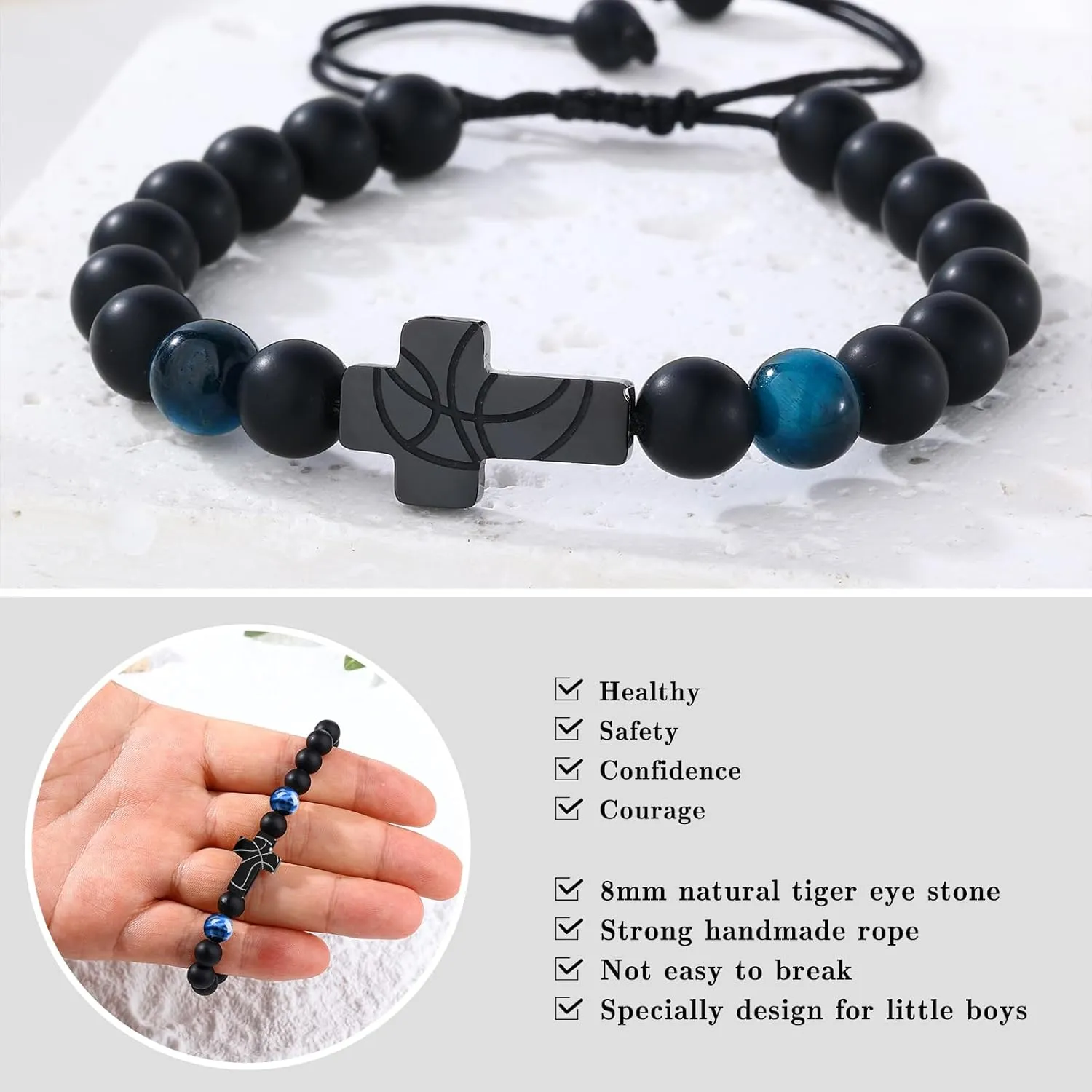 Cross Bracelet for Boys, Blue/Gold/Yellow Tiger Eye Natural Stone Beaded Cross Bracelet Adjustable, Lucky Charm Basketball Easter Gifts for Teens Son Grandson Man