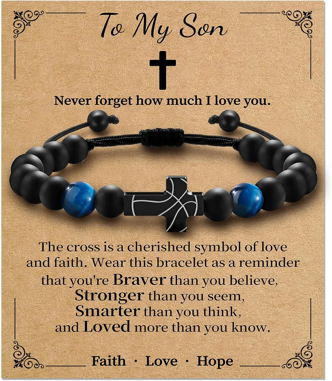 Cross Bracelet for Boys, Blue/Gold/Yellow Tiger Eye Natural Stone Beaded Cross Bracelet Adjustable, Lucky Charm Basketball Easter Gifts for Teens Son Grandson Man