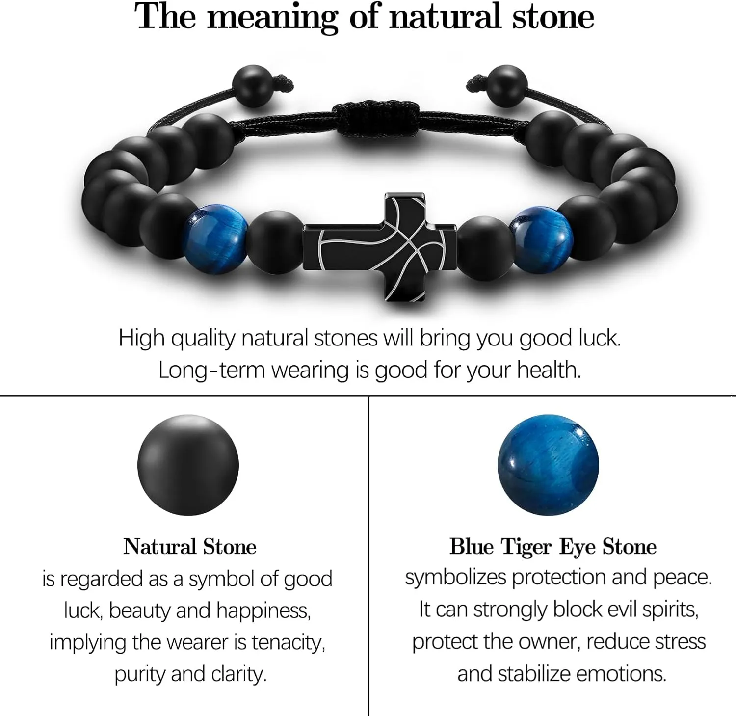 Cross Bracelet for Boys, Blue/Gold/Yellow Tiger Eye Natural Stone Beaded Cross Bracelet Adjustable, Lucky Charm Basketball Easter Gifts for Teens Son Grandson Man
