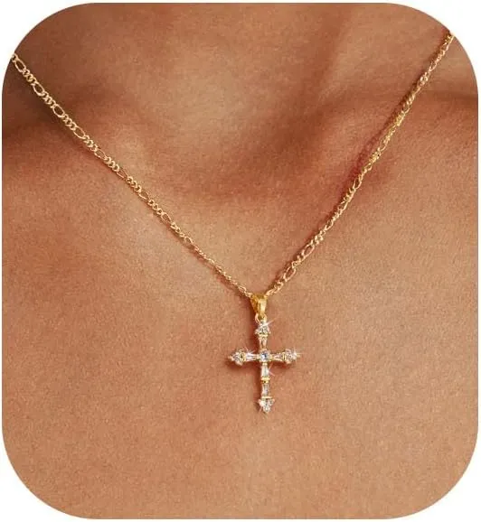 Cross Necklace for Women,Double Cross Necklace 14K Gold Plated Cross Pendant Necklace Dainty Gold Cross Necklaces for Women Trendy Small Cross Charm Necklace Simple Cute Choker Necklaces Gold Jewery
