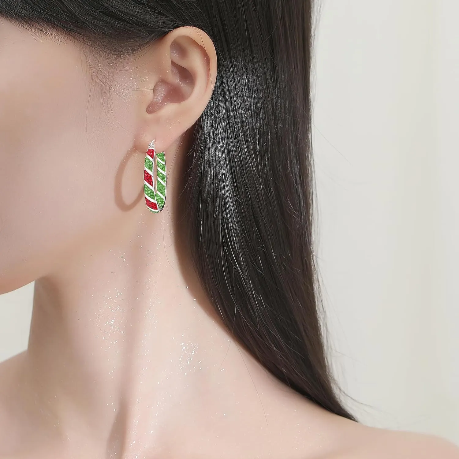 Crystal Hoop Earrings, Silver Plated Inside Out Oval Hoop Earrings For Women Sparkly Christmas Earrings Fashion Jewelry Gift