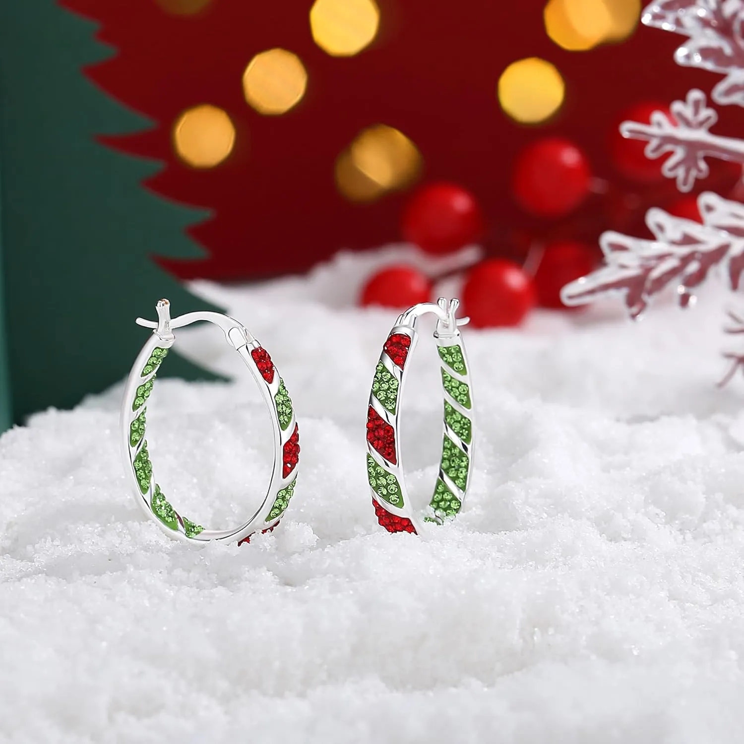 Crystal Hoop Earrings, Silver Plated Inside Out Oval Hoop Earrings For Women Sparkly Christmas Earrings Fashion Jewelry Gift