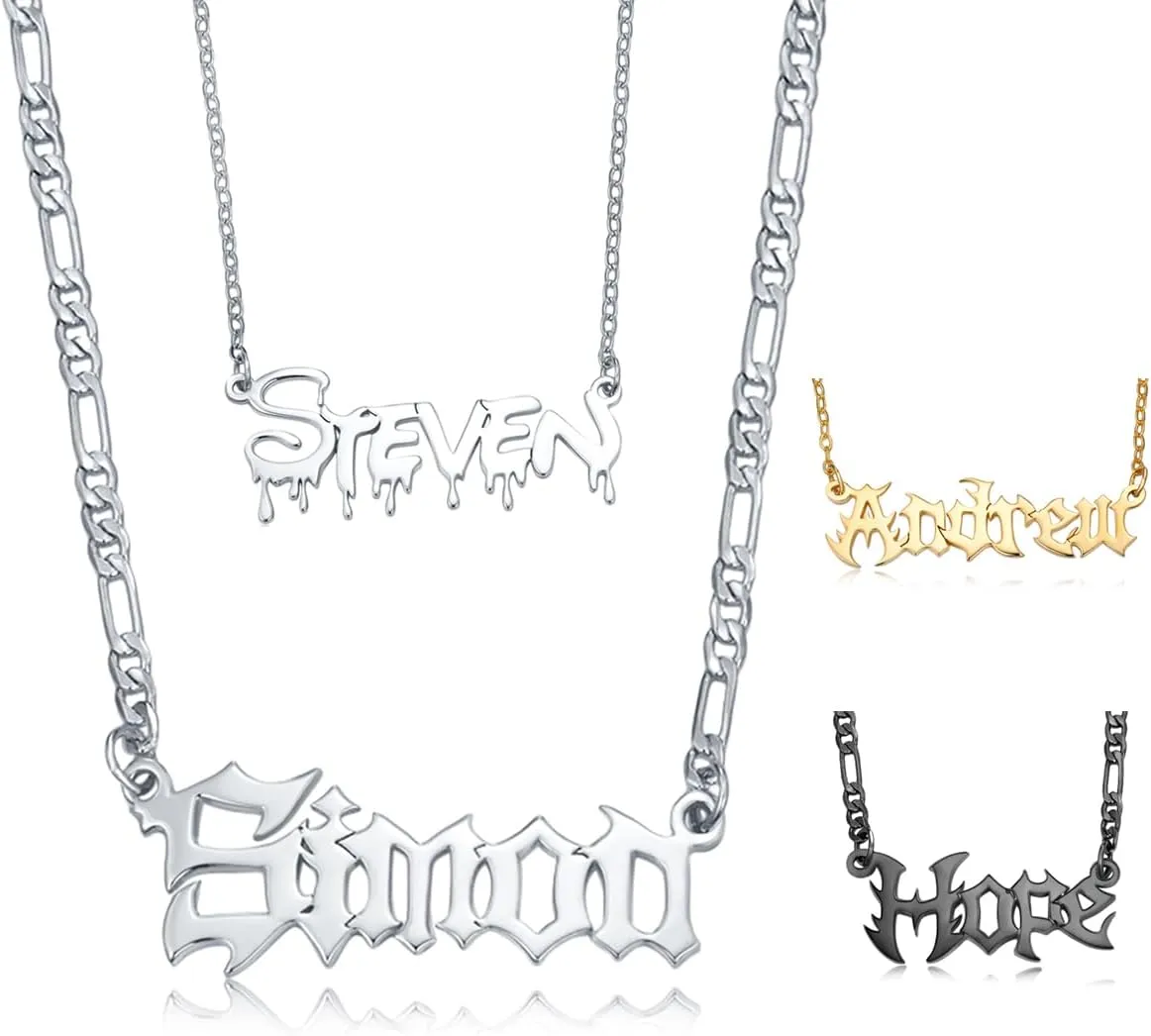 Custom Name Necklace - Gothic Old English Letter Necklace - Personalized Pendant & Chain Name Plate