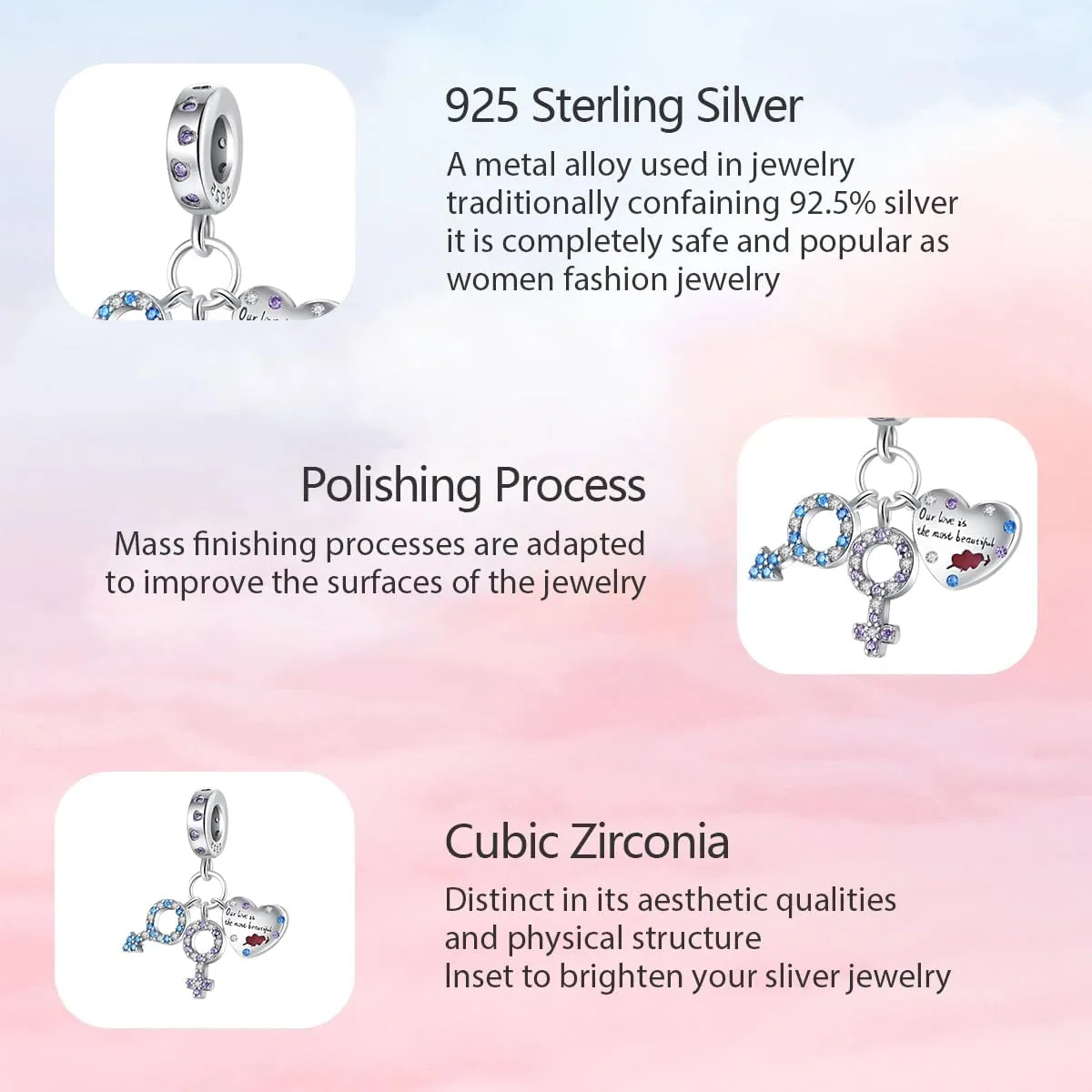 Cute Fashion Charms for Bracelets Necklaces 925 Sterling Silver with 5A Cubic Zirconia Love Heart Charms Jewelry Gift for Womens Mom