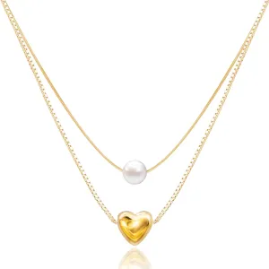 Cute Heart with Pearl Necklace for Women | 14k Gold & Silver Plated Tiny Heart Dainty Necklace for Women with Bracelet | Small Love Waterproof Layered Necklaces for Women