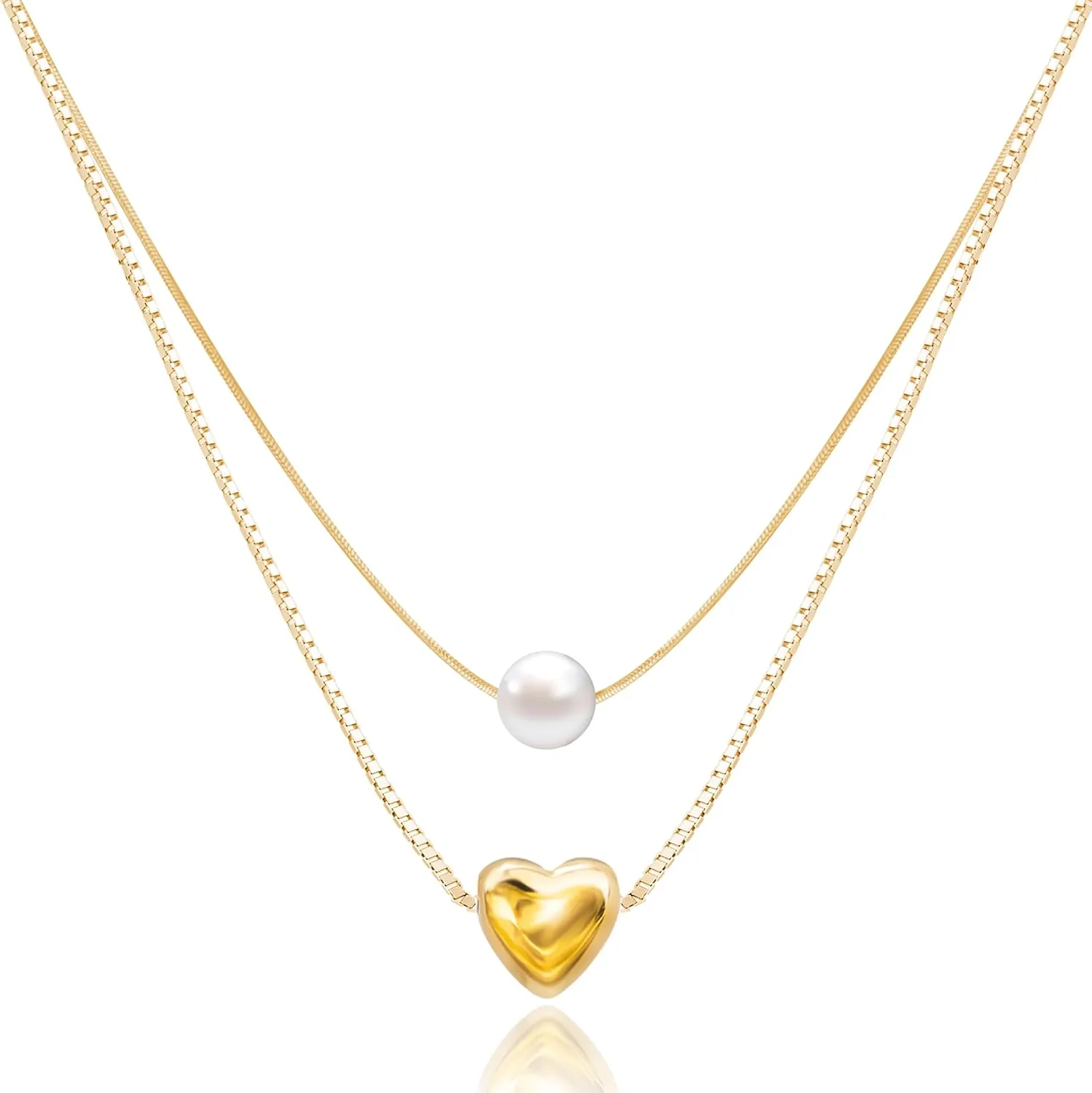 Cute Heart with Pearl Necklace for Women | 14k Gold & Silver Plated Tiny Heart Dainty Necklace for Women with Bracelet | Small Love Waterproof Layered Necklaces for Women