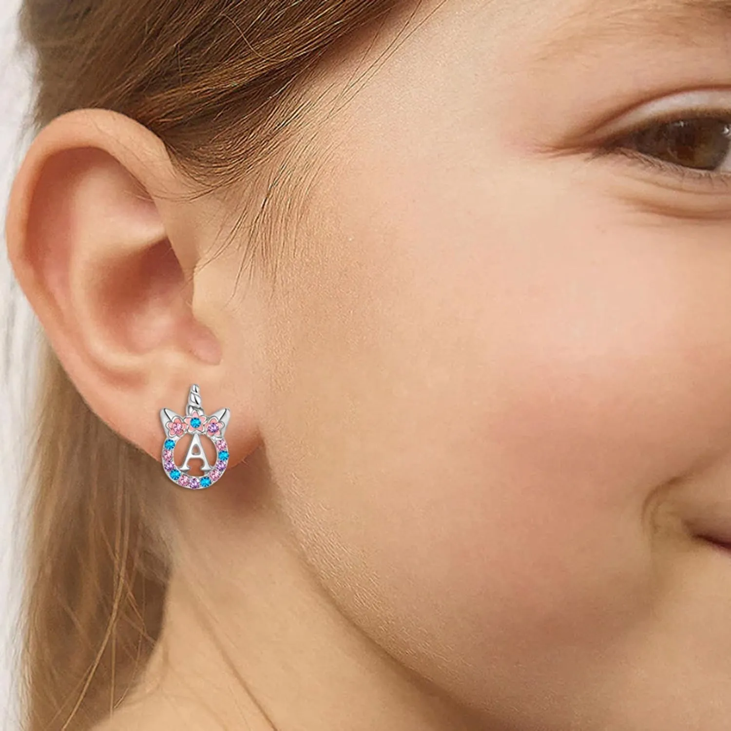 Cute Rose Gold Silver Initial Unicorn Hypoallergenic Stud Earrings Rhinestone Initial Letter Stud Earrings for Girls Unicorns Jewelry Gifts for Kids Toddler