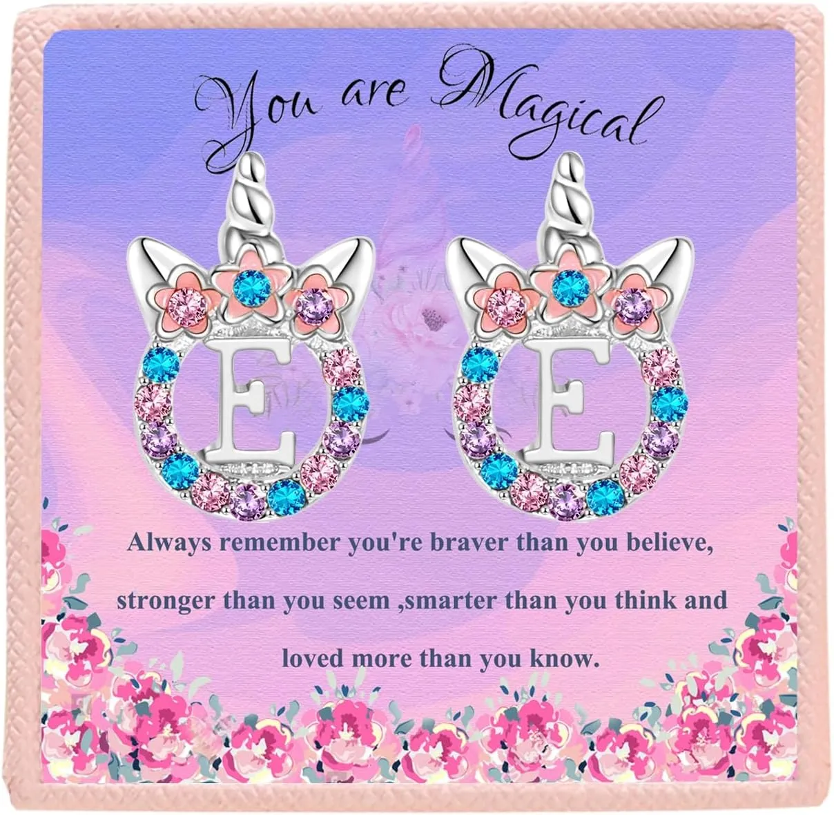 Cute Rose Gold Silver Initial Unicorn Hypoallergenic Stud Earrings Rhinestone Initial Letter Stud Earrings for Girls Unicorns Jewelry Gifts for Kids Toddler