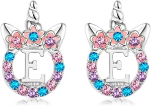 Cute Rose Gold Silver Initial Unicorn Hypoallergenic Stud Earrings Rhinestone Initial Letter Stud Earrings for Girls Unicorns Jewelry Gifts for Kids Toddler