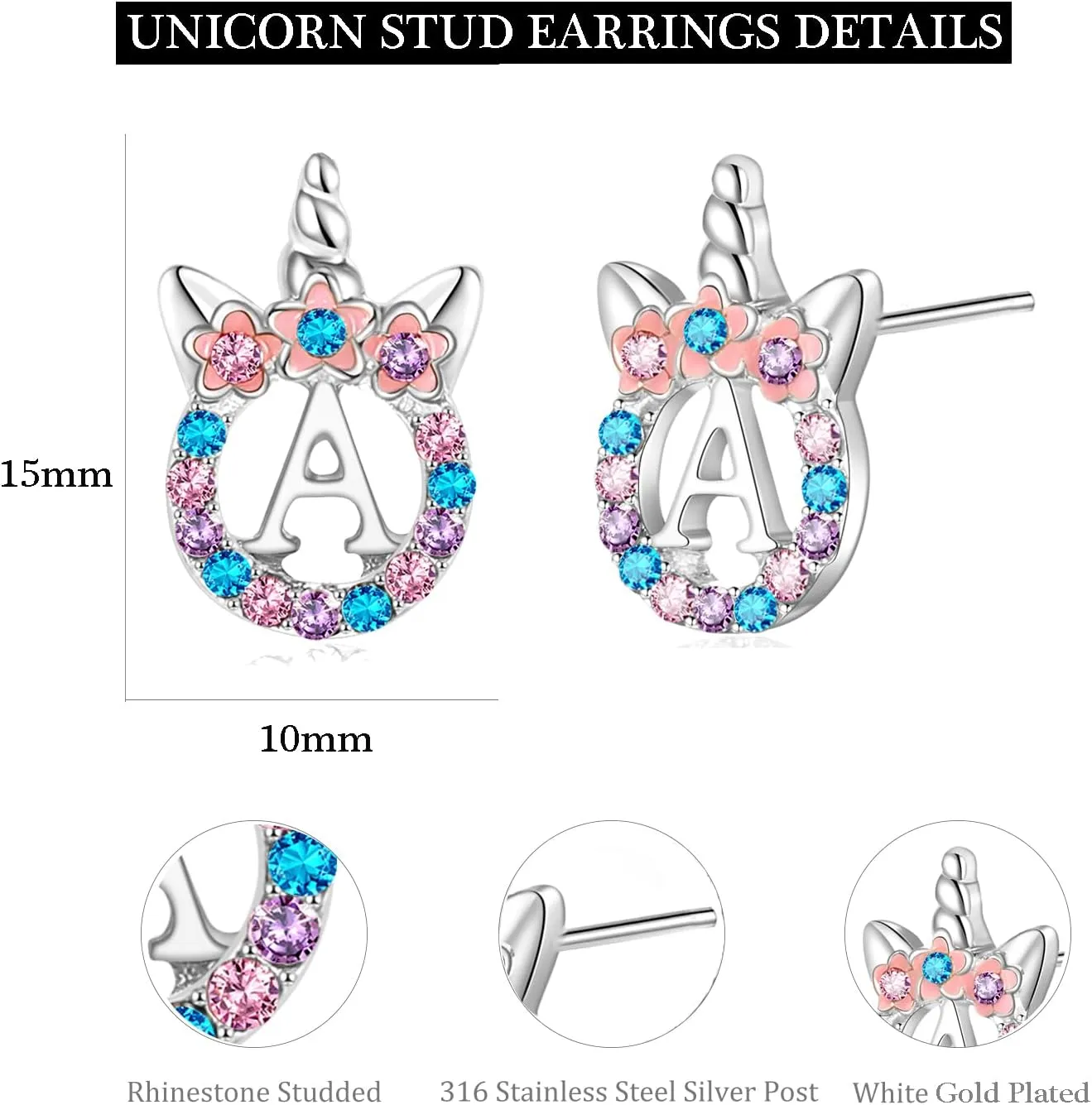 Cute Rose Gold Silver Initial Unicorn Hypoallergenic Stud Earrings Rhinestone Initial Letter Stud Earrings for Girls Unicorns Jewelry Gifts for Kids Toddler
