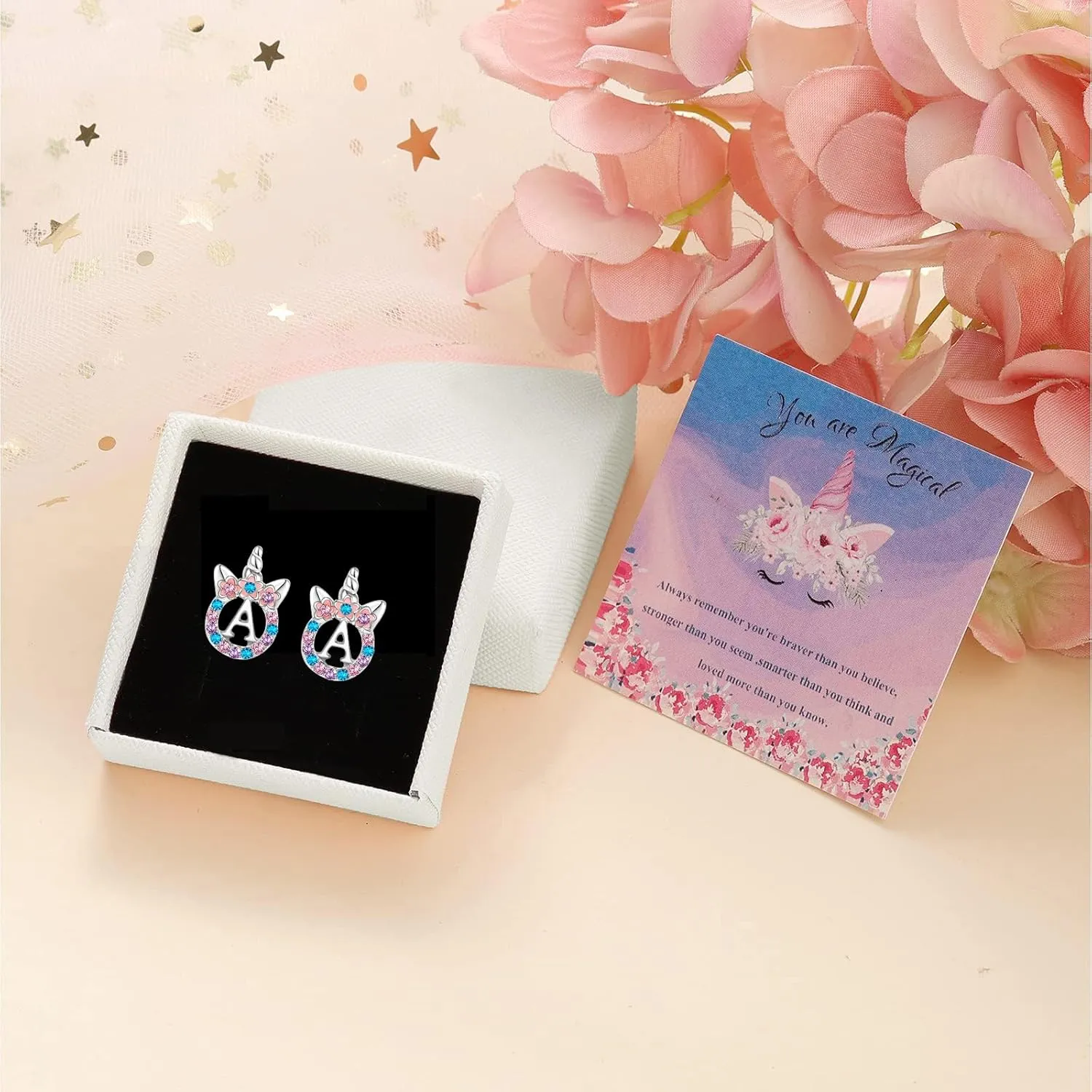 Cute Rose Gold Silver Initial Unicorn Hypoallergenic Stud Earrings Rhinestone Initial Letter Stud Earrings for Girls Unicorns Jewelry Gifts for Kids Toddler