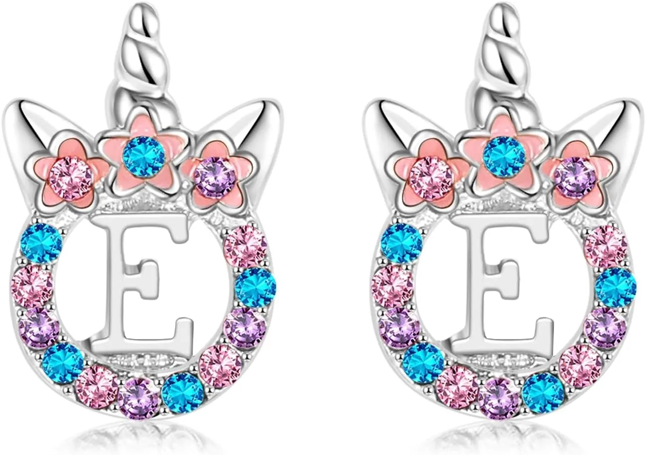 Cute Rose Gold Silver Initial Unicorn Hypoallergenic Stud Earrings Rhinestone Initial Letter Stud Earrings for Girls Unicorns Jewelry Gifts for Kids Toddler