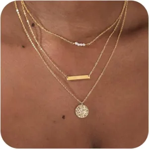 Dainty Layered Choker Necklaces Gold Silver Stacking Layering Pearl Cross Adjustable Multilayer Bar Disc Pendant Necklace for Women Dot Chain Jewelry
