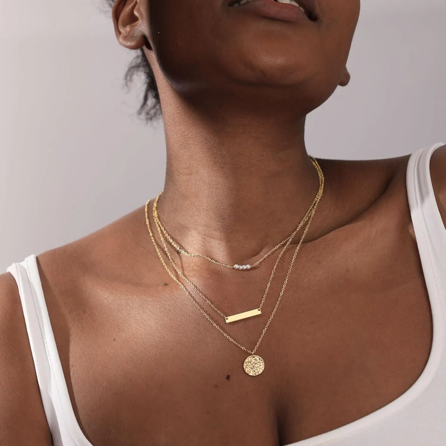 Dainty Layered Choker Necklaces Gold Silver Stacking Layering Pearl Cross Adjustable Multilayer Bar Disc Pendant Necklace for Women Dot Chain Jewelry