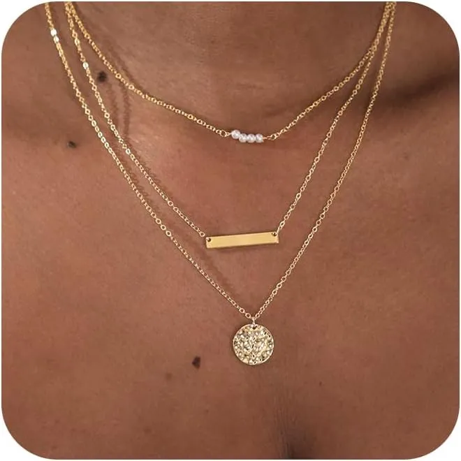 Dainty Layered Choker Necklaces Gold Silver Stacking Layering Pearl Cross Adjustable Multilayer Bar Disc Pendant Necklace for Women Dot Chain Jewelry